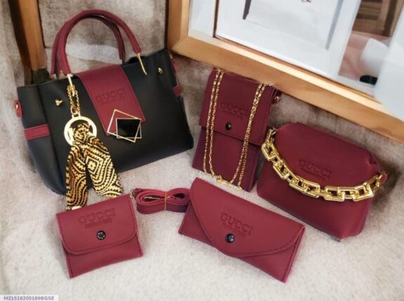Premium Leather 4-Piece Handbag Set Maroon Black GOLD